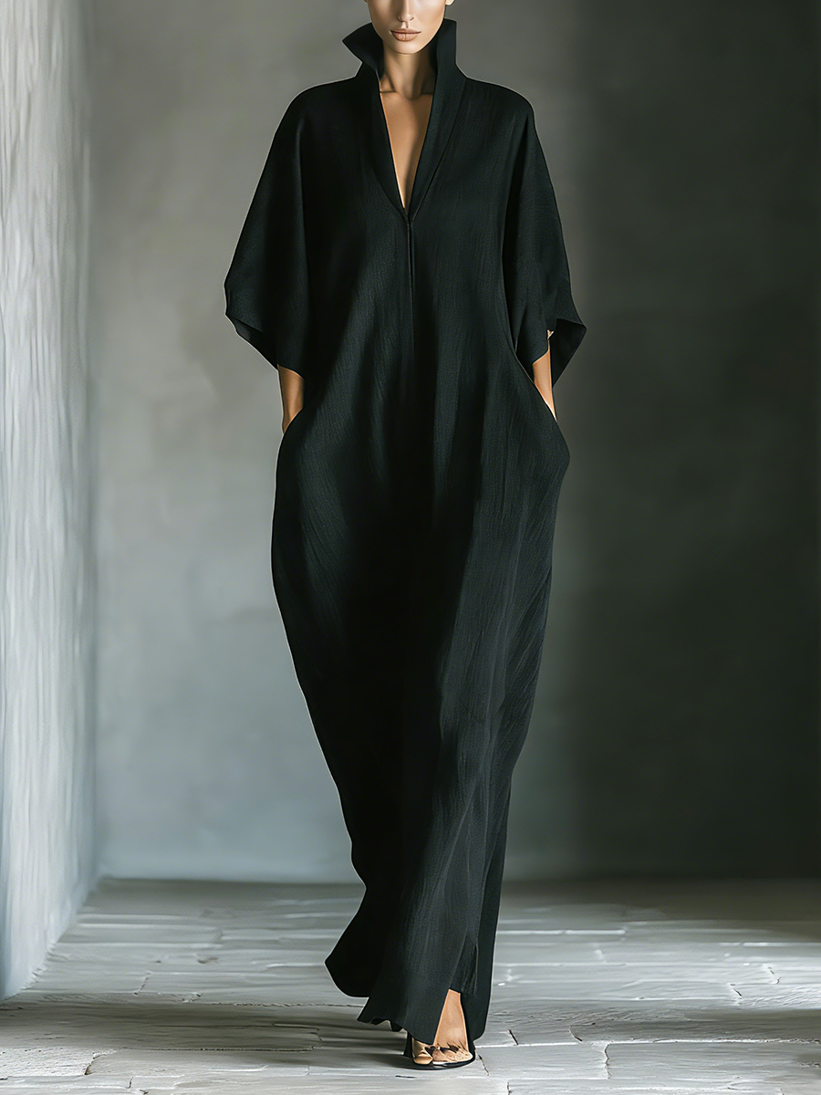 Women's Black Dress For Funeral | Maxi V-Neck Kimono Sleeve Linen