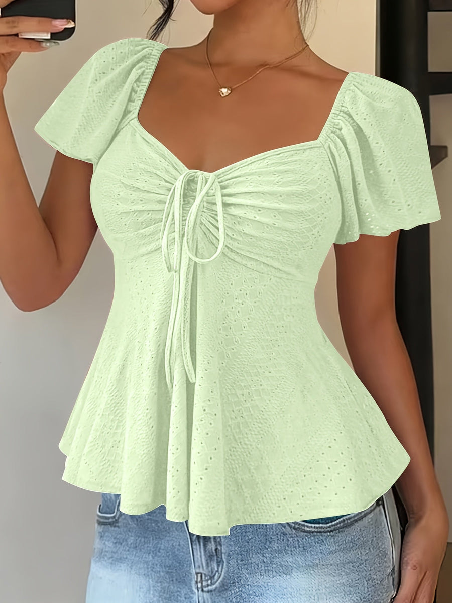 Women's Peplum Top | Sweetheart Neckline Flutter Sleeve Tie Closure