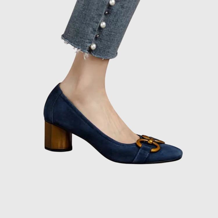 Women's High Heels | Suede Buckle Closure Block Heel Square Toe