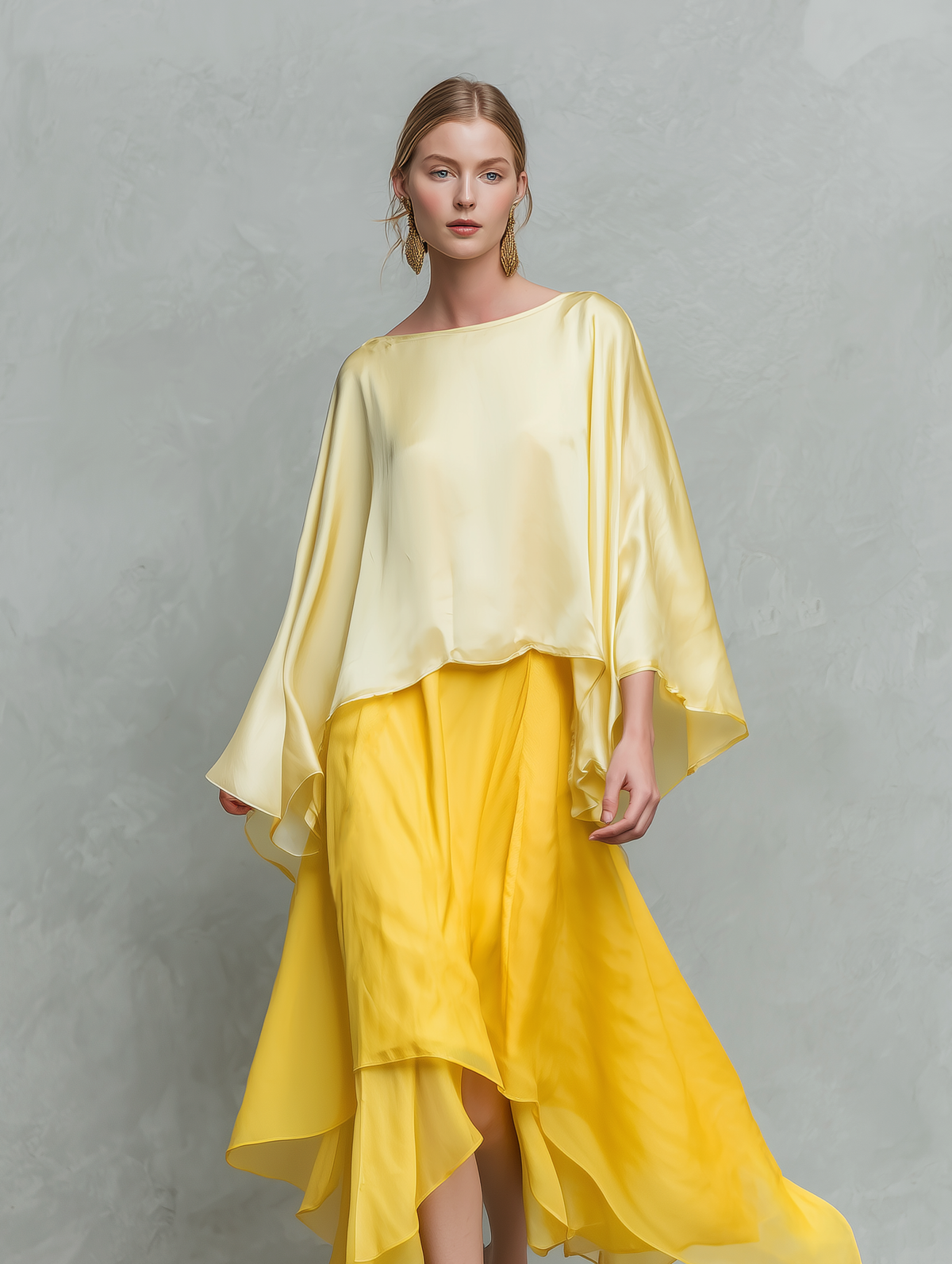 Women's Maxi Skirt | Long Sleeves Round Neckline Satin Chiffon