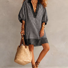 Women's Summer Dress | Midi Collar Puffed Sleeves Leopard Trim