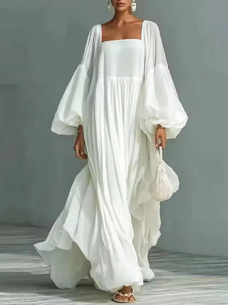 Women's Flowy Maxi Dress | Square Neckline Puff Sleeve Maxi