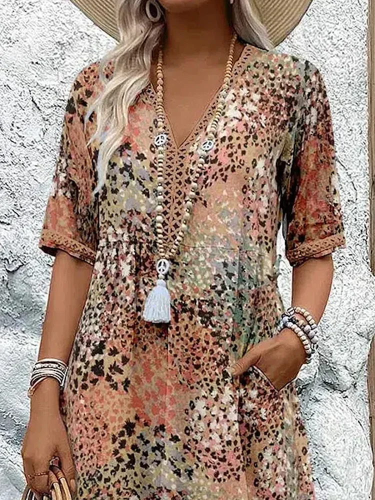 Women's Red Sundress Casual | Midi Floral Print V-Neck Cotton