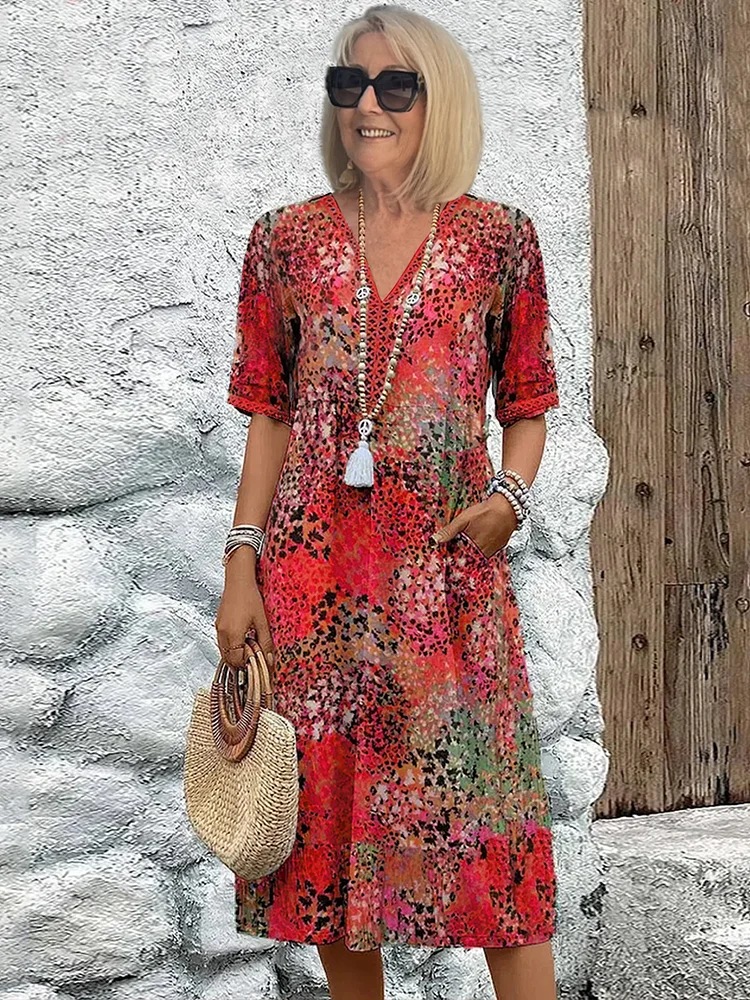 Women's Red Sundress Casual | Midi Floral Print V-Neck Cotton