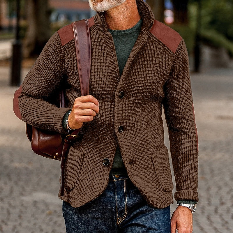 Men's Cardigan | Textured Knit Stand Collar Button Front