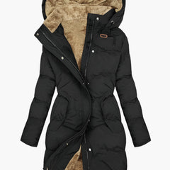 Women's Long Winter Coat | Quilted Hood Zip Pockets