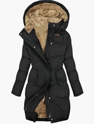 Women's Long Winter Coat | Quilted Hood Zip Pockets