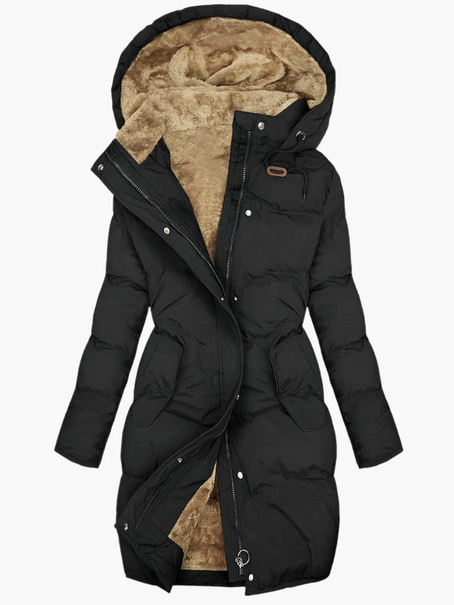 Women's Long Winter Coat | Quilted Hood Zip Pockets