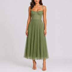 Women's Bridesmaid Dress | Midi Length Sweetheart Neckline Pleated Tulle