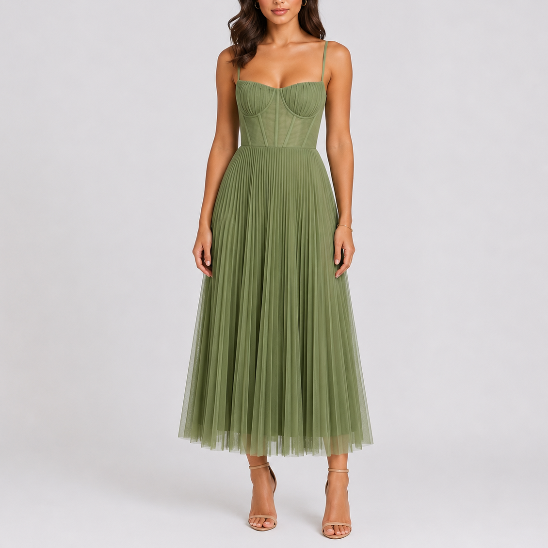 Women's Bridesmaid Dress | Midi Length Sweetheart Neckline Pleated Tulle