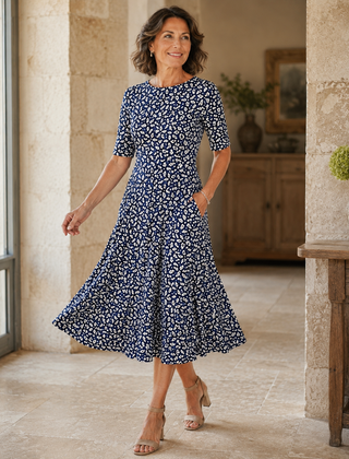 Women's Floral Midi Dress | Midi Length Round Neck Half Sleeve