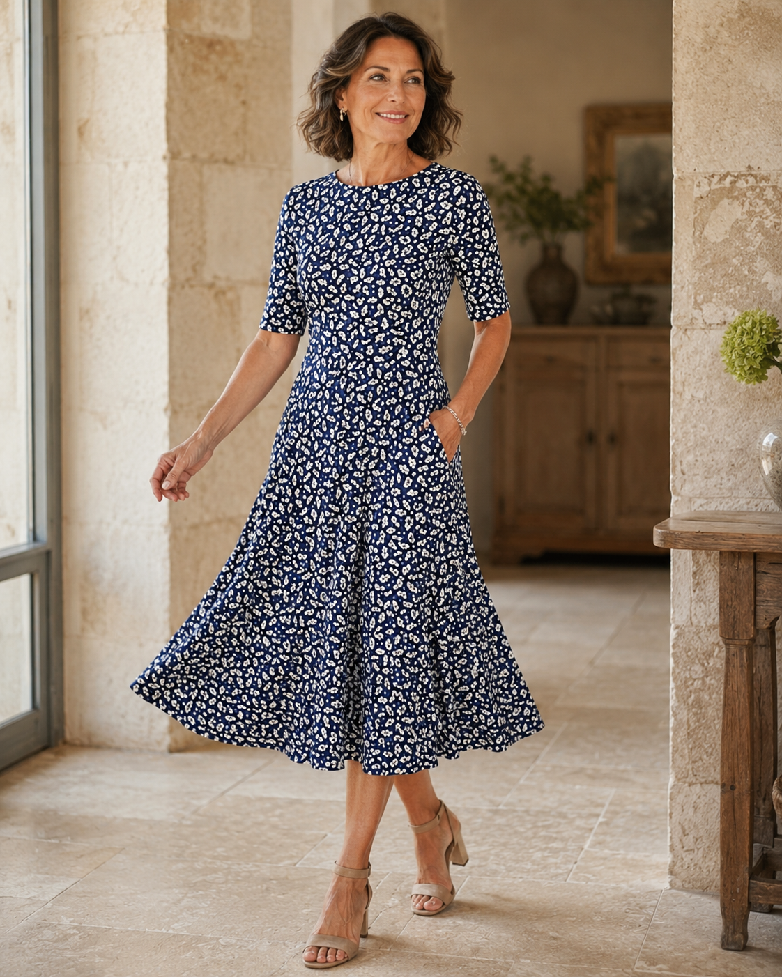 Women's Floral Midi Dress | Midi Length Round Neck Half Sleeve