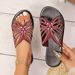 Women's Black Sandals | Butterfly Cutout Rhinestone Detail Slide Flat