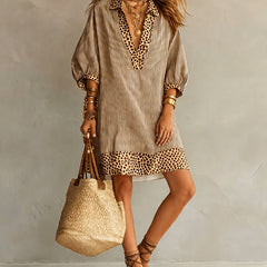 Women's Summer Dress | Midi Shirt Collar Puffed Sleeves Leopard Print