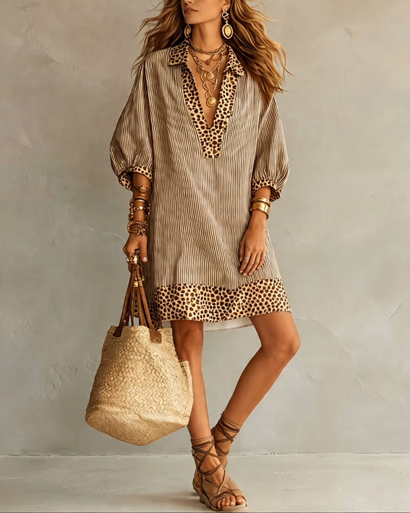 Women's Summer Dress | Midi Collar Puffed Sleeves Leopard Trim