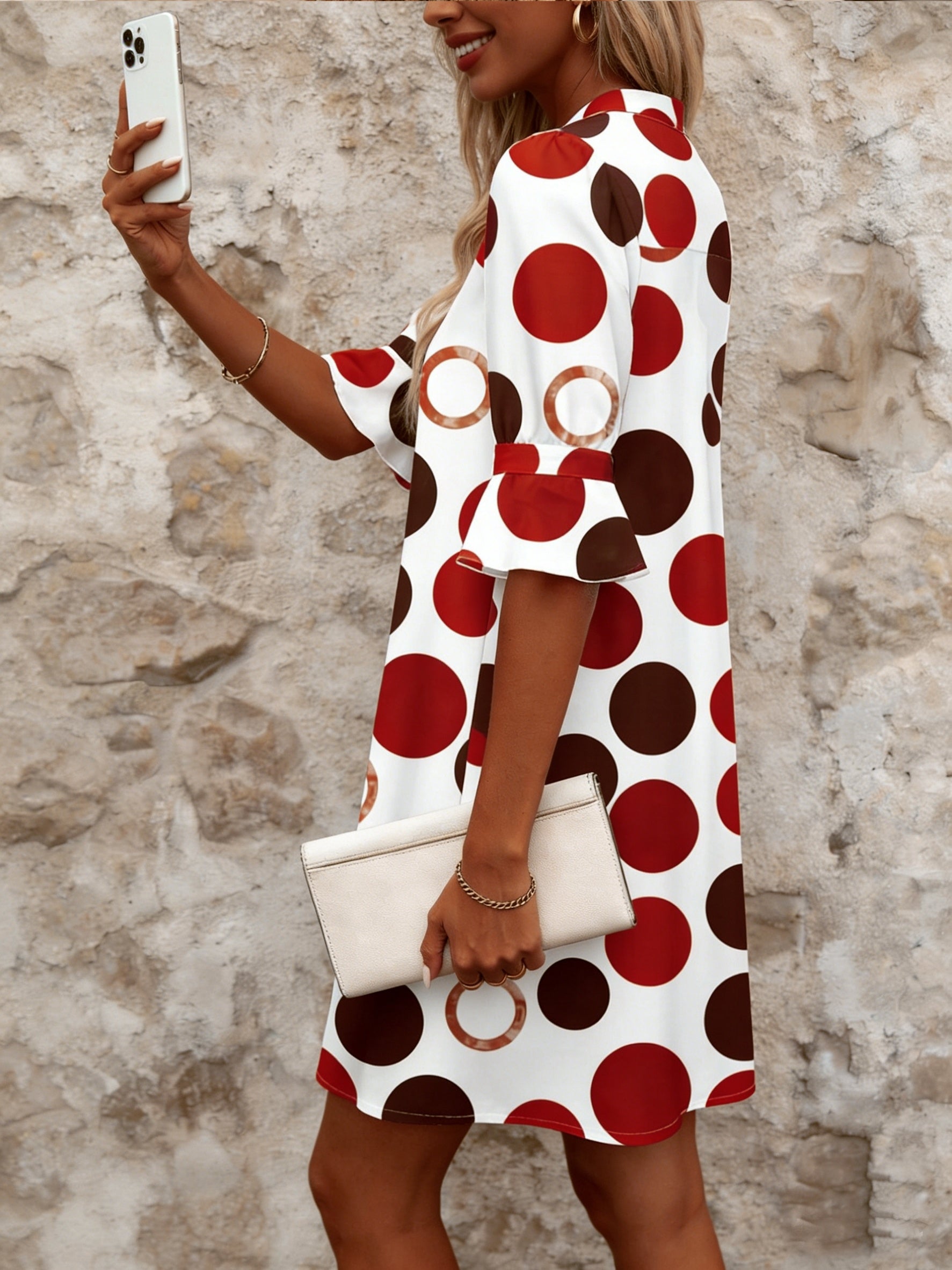 Women's Mini Dress | V-Neck Polka Dot Flared Sleeve