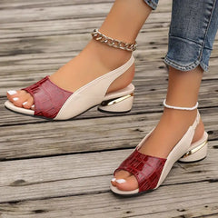 Women's Leather Sandals | Open Toe Slingback Block Heel Metallic Accent