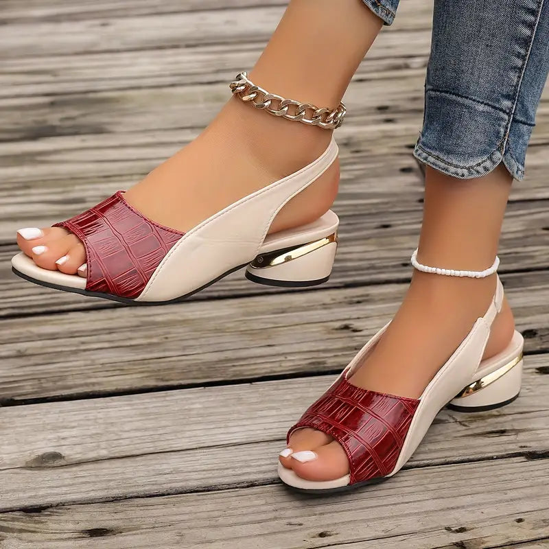Women's Leather Sandals | Open Toe Slingback Block Heel Metallic Accent