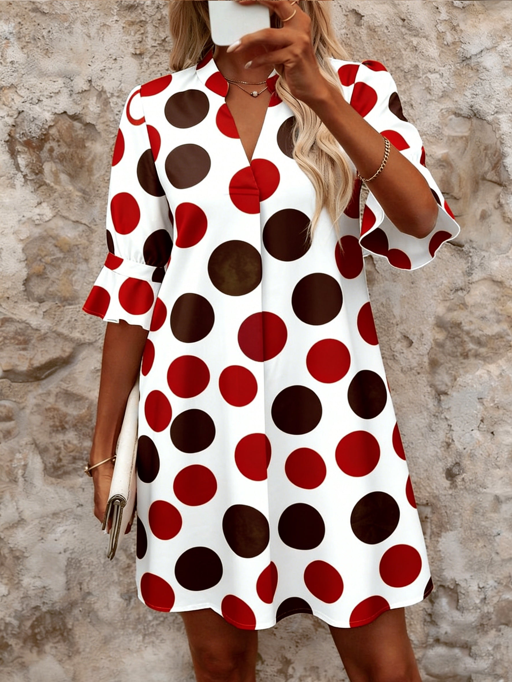 Women's Mini Dress | V-Neck Polka Dot Flared Sleeve