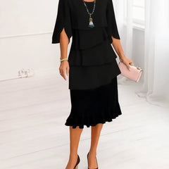 Women's Ruffle Dress | Midi Length Round Neck Split Sleeves
