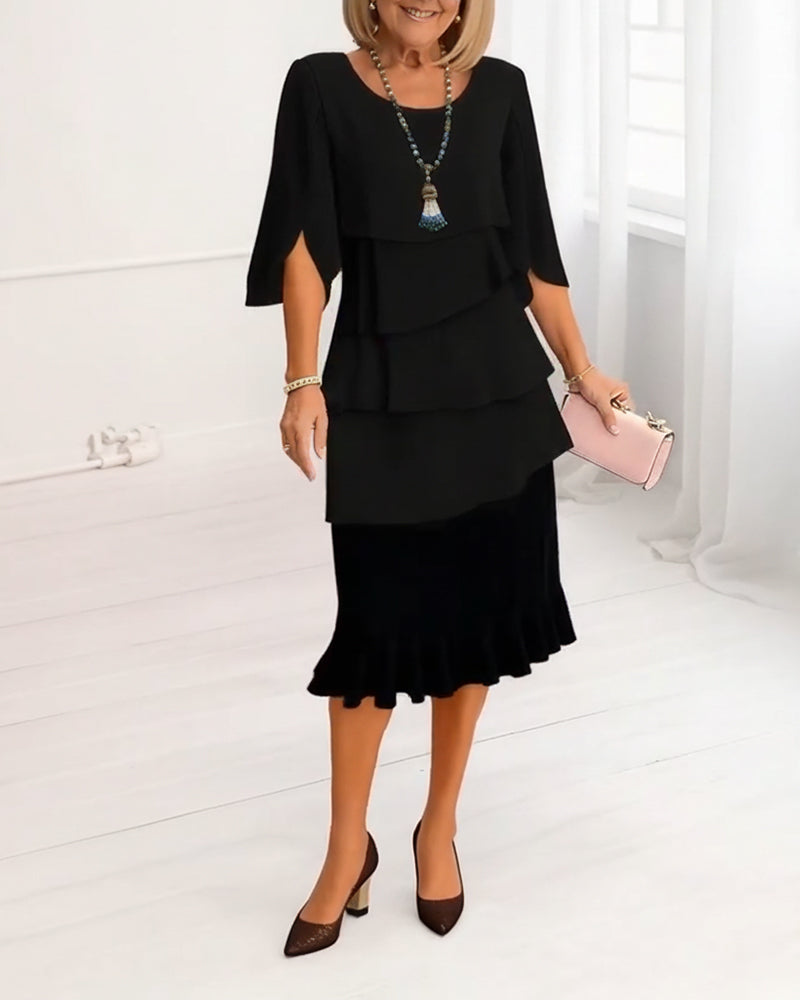Women's Ruffle Dress | Midi Length Round Neck Split Sleeves