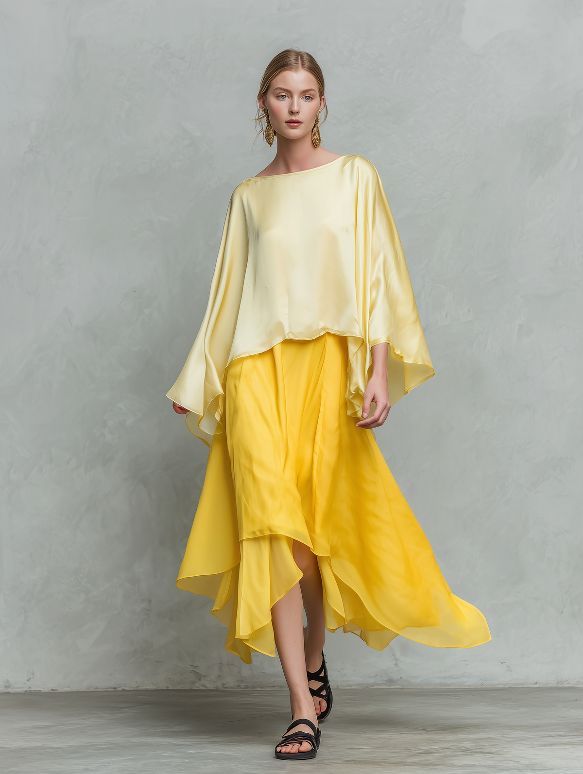 Women's Maxi Skirt | Long Sleeves Round Neckline Satin Chiffon