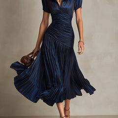 Women's Silk Dress | Midi Length V-Neck Puffed Sleeve Pleated
