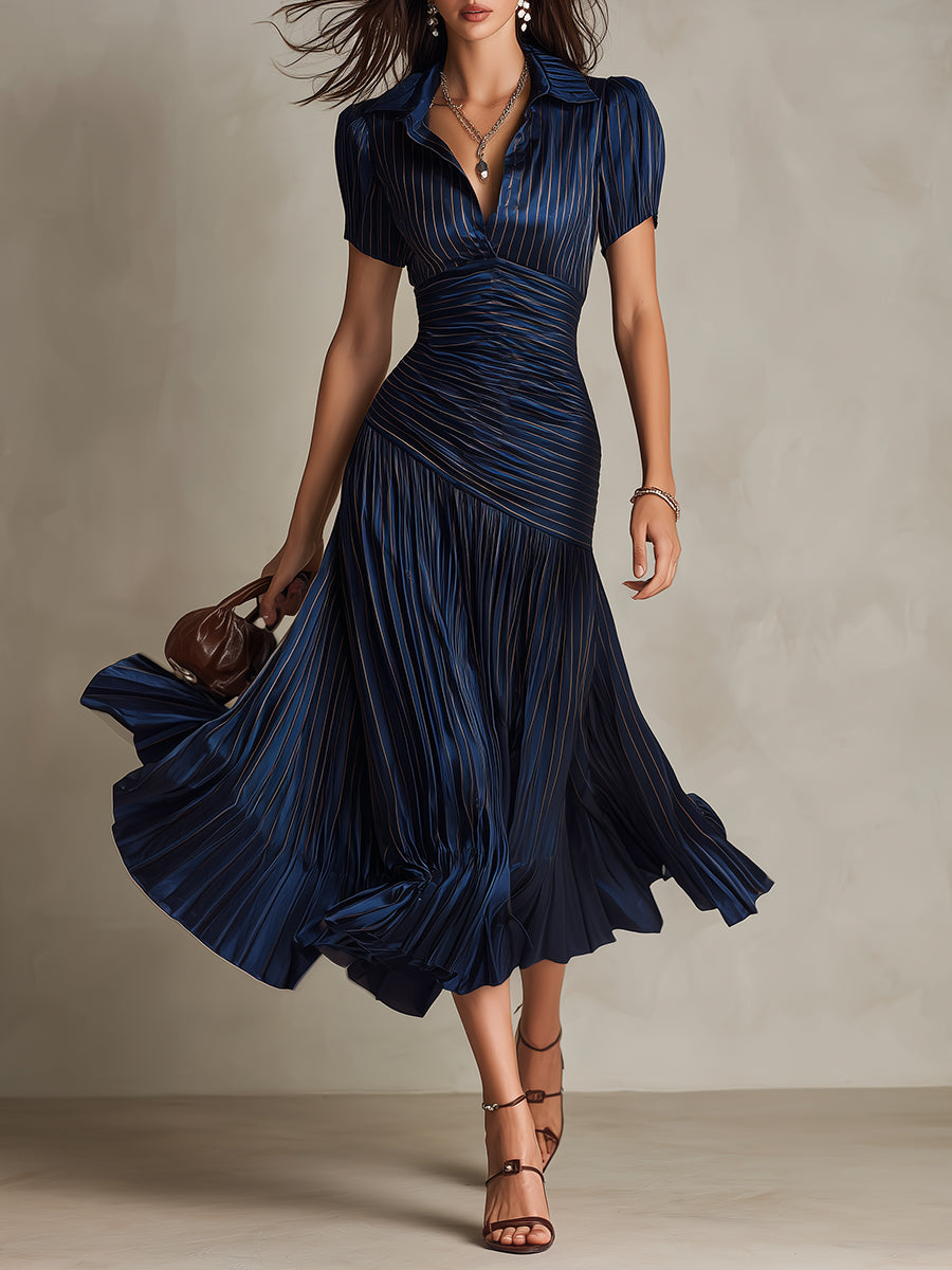 Women's Silk Dress | Midi Length V-Neck Puffed Sleeve Pleated