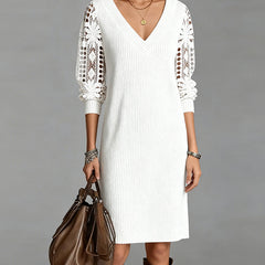 Women's Lace Dress | V-Neck Midi Knit Lace Sleeves