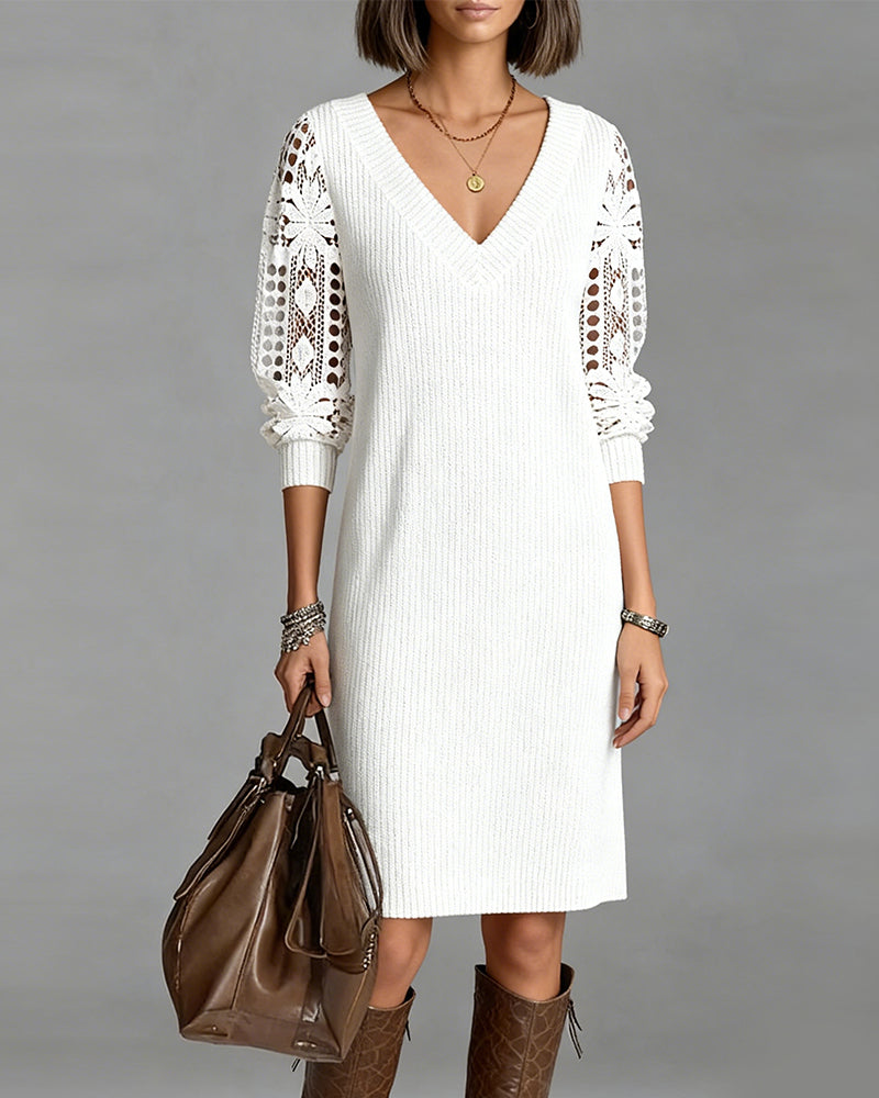 Women's Lace Dress | V-Neck Midi Knit Lace Sleeves