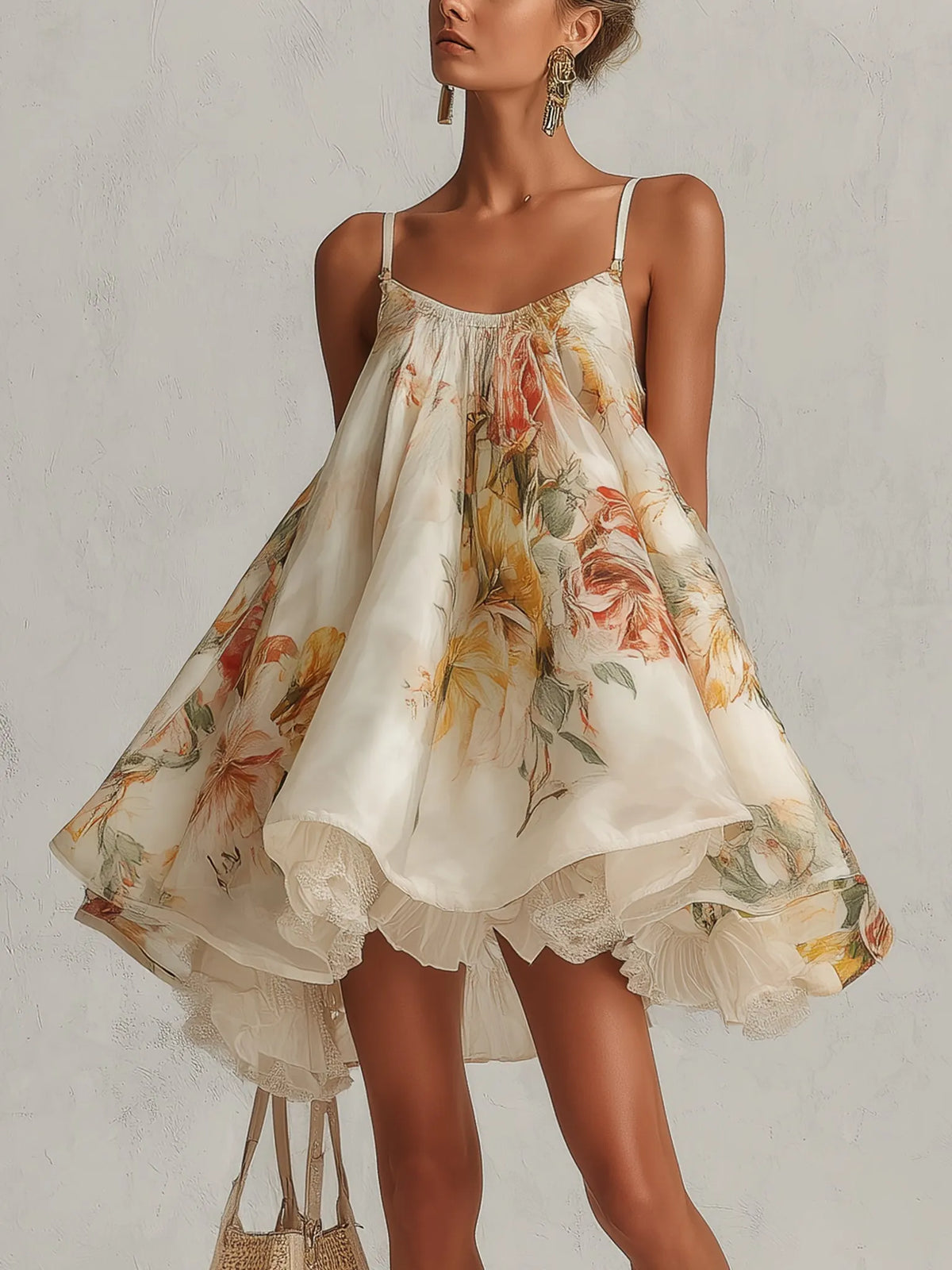 Women's Mini Dress | Floral Print Camisole Sweetheart Lace Trim