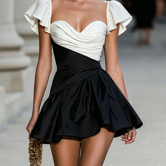 Women's Satin Dress | Mini Length Pleated Cowl Neckline Flutter Sleeve