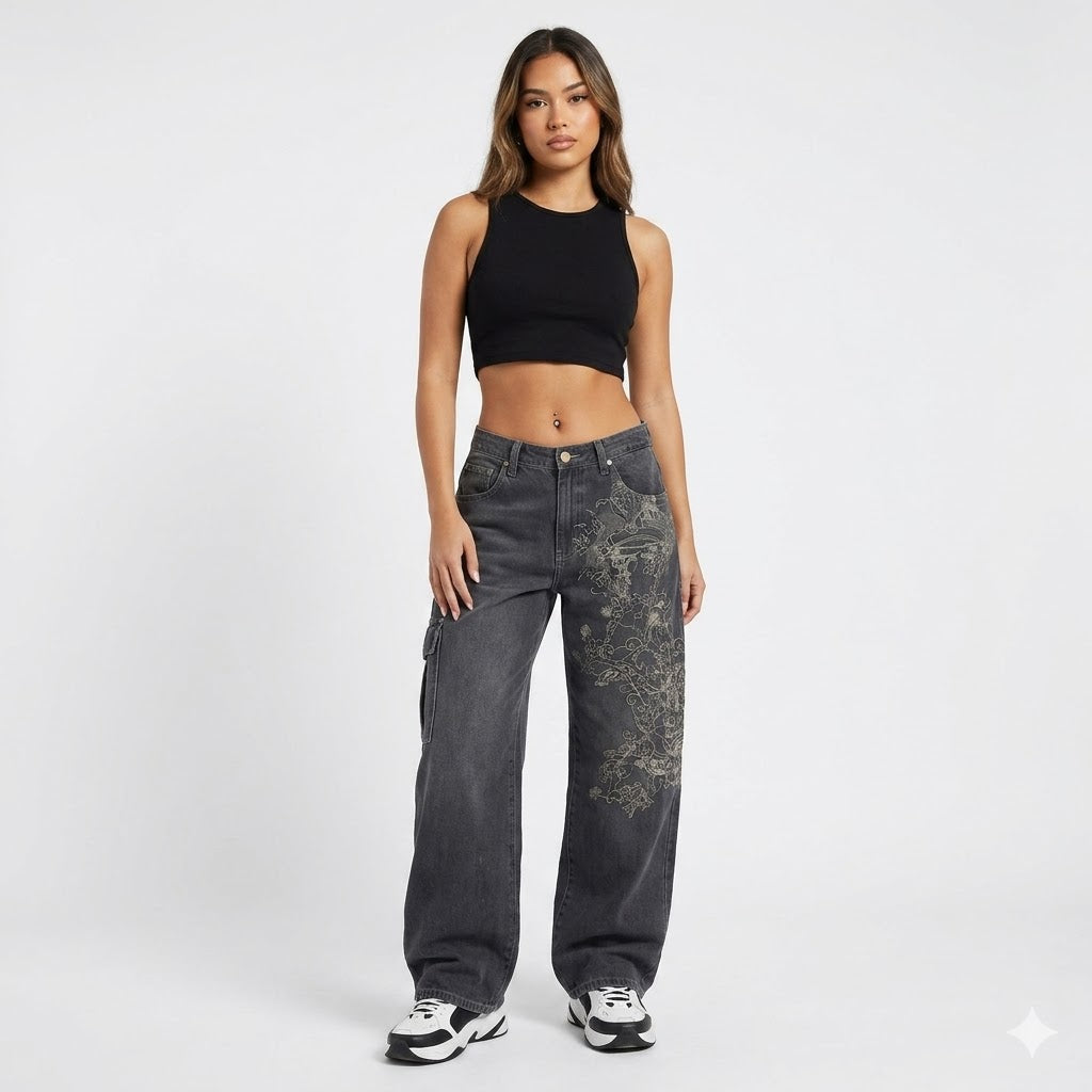 Women's Baggy Jeans | Wide Leg Denim High-Rise Graphic Print