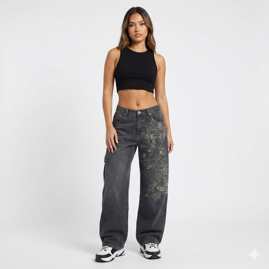 Women's Baggy Jeans | Wide Leg Denim High-Rise Graphic Print