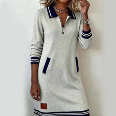 Women's Casual Mini Dress | Quarter-Zip Collar Striped Cuffs Relaxed Fit