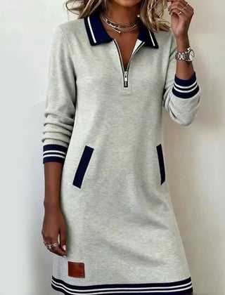 Women's Casual Mini Dress | Quarter-Zip Collar Striped Cuffs Relaxed Fit