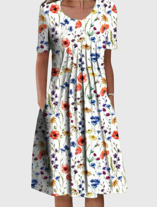Women's Smart Casual Dress | Midi Round Neck Floral Print Short Sleeve