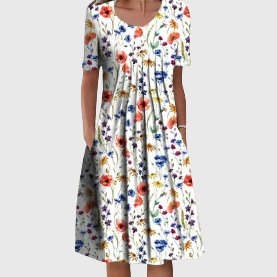 Women's Smart Casual Dress | Midi Round Neck Floral Print Short Sleeve