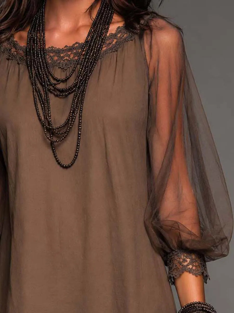 Women's Floral Mini Dress | Boat Neck Puff Sleeve Lace Mesh