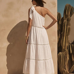 Women's Linen Maxi Dress | One-Shoulder Tie Tiered Linen