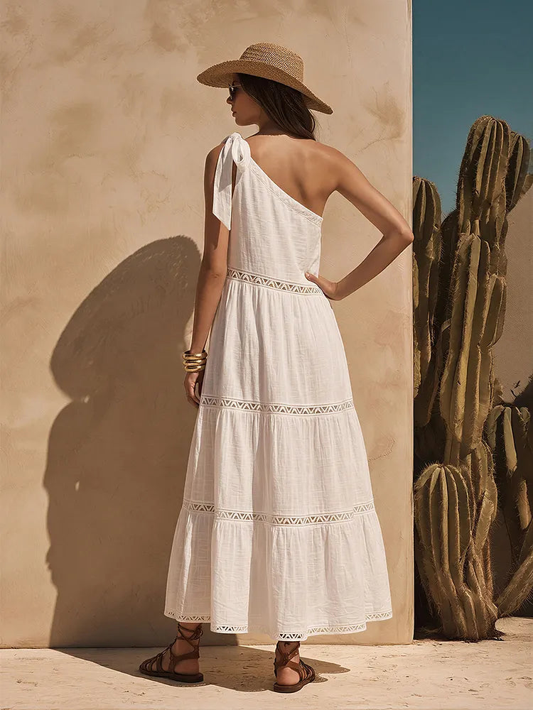 Women's Linen Maxi Dress | One-Shoulder Tie Tiered Linen