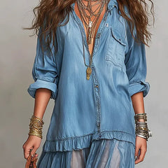 Women's Casual Maxi Dress | Lapel Collar Long Sleeve Denim Organza