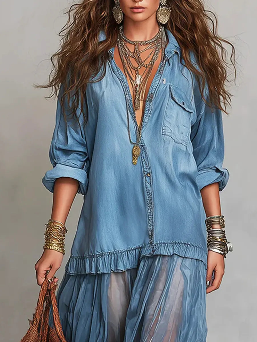 Women's Casual Maxi Dress | Lapel Collar Long Sleeve Denim Organza