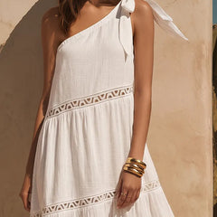 Women's Linen Maxi Dress | One-Shoulder Tie Tiered Linen