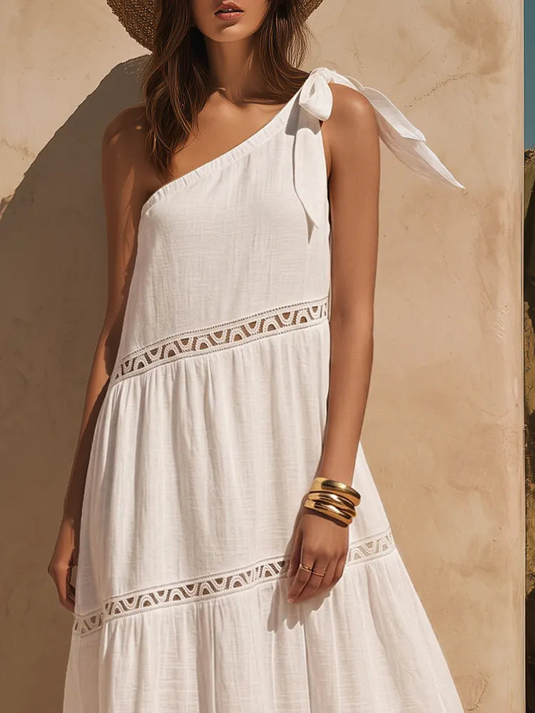 Women's Linen Maxi Dress | One-Shoulder Tie Tiered Linen