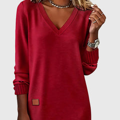 Women's Red Dress | V-Neck Long Sleeve Midi Knit