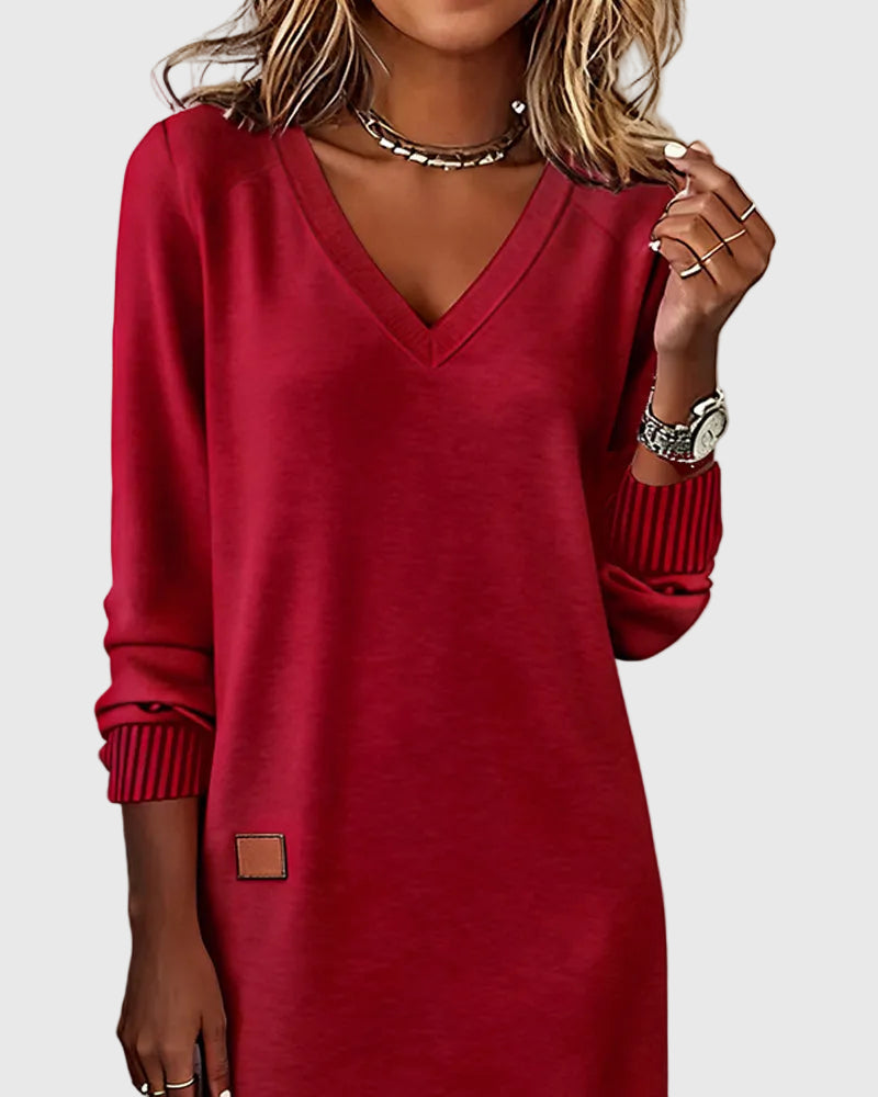Women's Red Dress | V-Neck Long Sleeve Midi Knit