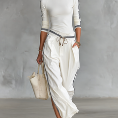 Women's Two Piece Pants Set | Half-High Neck Long Sleeves Wide Leg