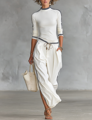 Women's Two Piece Pants Set | Half-High Neck Long Sleeves Wide Leg