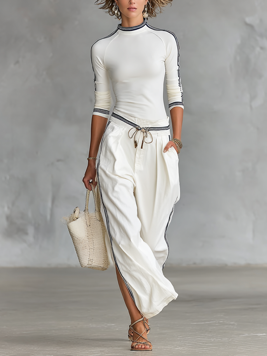 Women's Two Piece Pants Set | Half-High Neck Long Sleeves Wide Leg